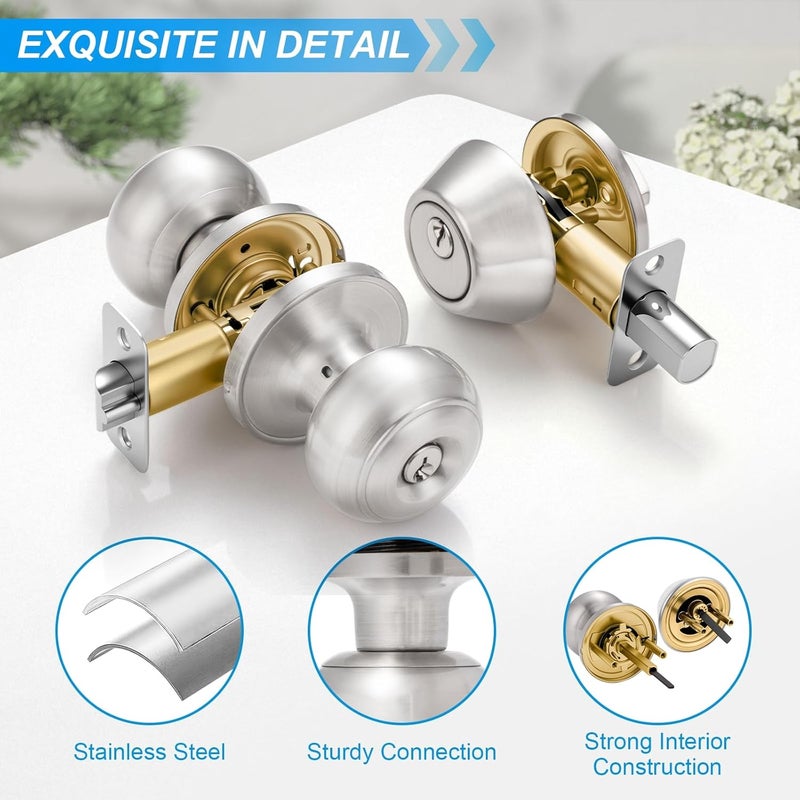 Plustool 4 Pack Exterior Door Lock Set, Satin Nickel Door Knob and Deadbolt Combo Set, Keyed Alike Entry Door Knobs with Lock&Keys, Round Ball Door Locksets with Deadbolt for Entrance and Front Door - Image 2